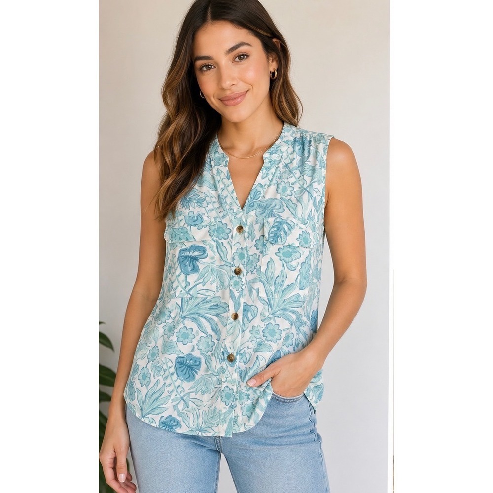 Croft & Barrow Women XS Teal Floral Sleeveless Button Down Blouse NWT Tropical